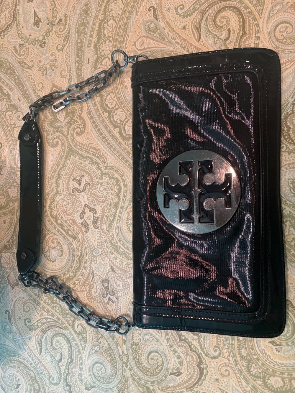 Tory Burch Black Patent Logo Chain Shoulder Bag